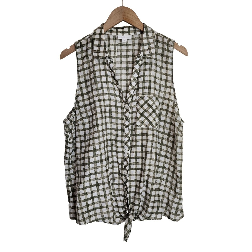 J. Jill Blouse Tank Women's Large Plaid‎ Cotton Silk Blend Green White